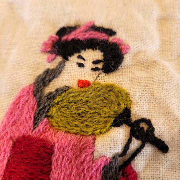 Vintage 1972 Embroidery Handmade Asian Lady Geisha Iris Slow Stitch Cottagecore - Picture 7 of 14